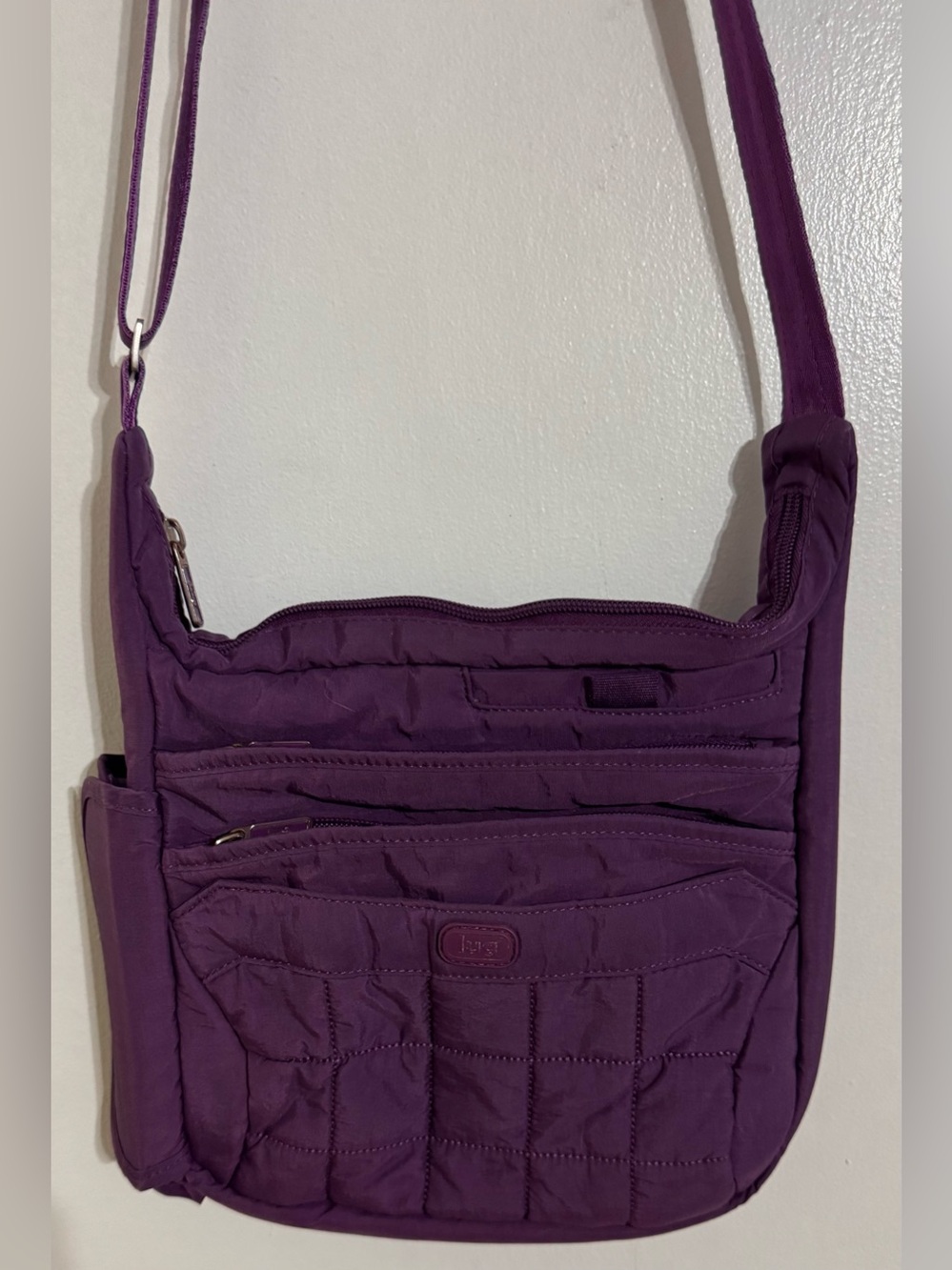 Lug Plum Purple Quilted Flutter Crossbody Bag with Multiple Zip Pockets EUC
